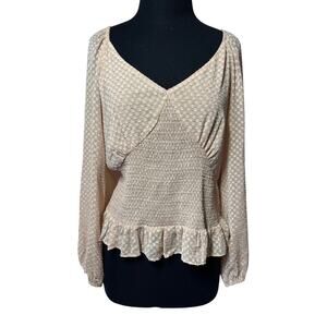 DR2 Cream Rectangle Clip Swiss Dot Smocked Waist Blouse Top Cottagecore Size XL